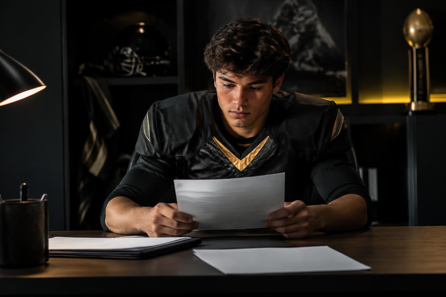 High school athlete reviewing NIL documents at a desk in dramatic dark lighting with gold accents
