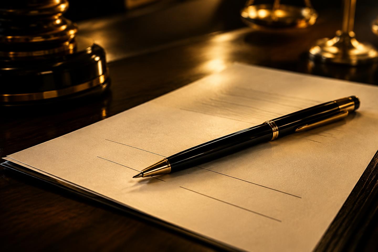 Pen resting on a contract signature page on a dark wood desk with dramatic gold lighting