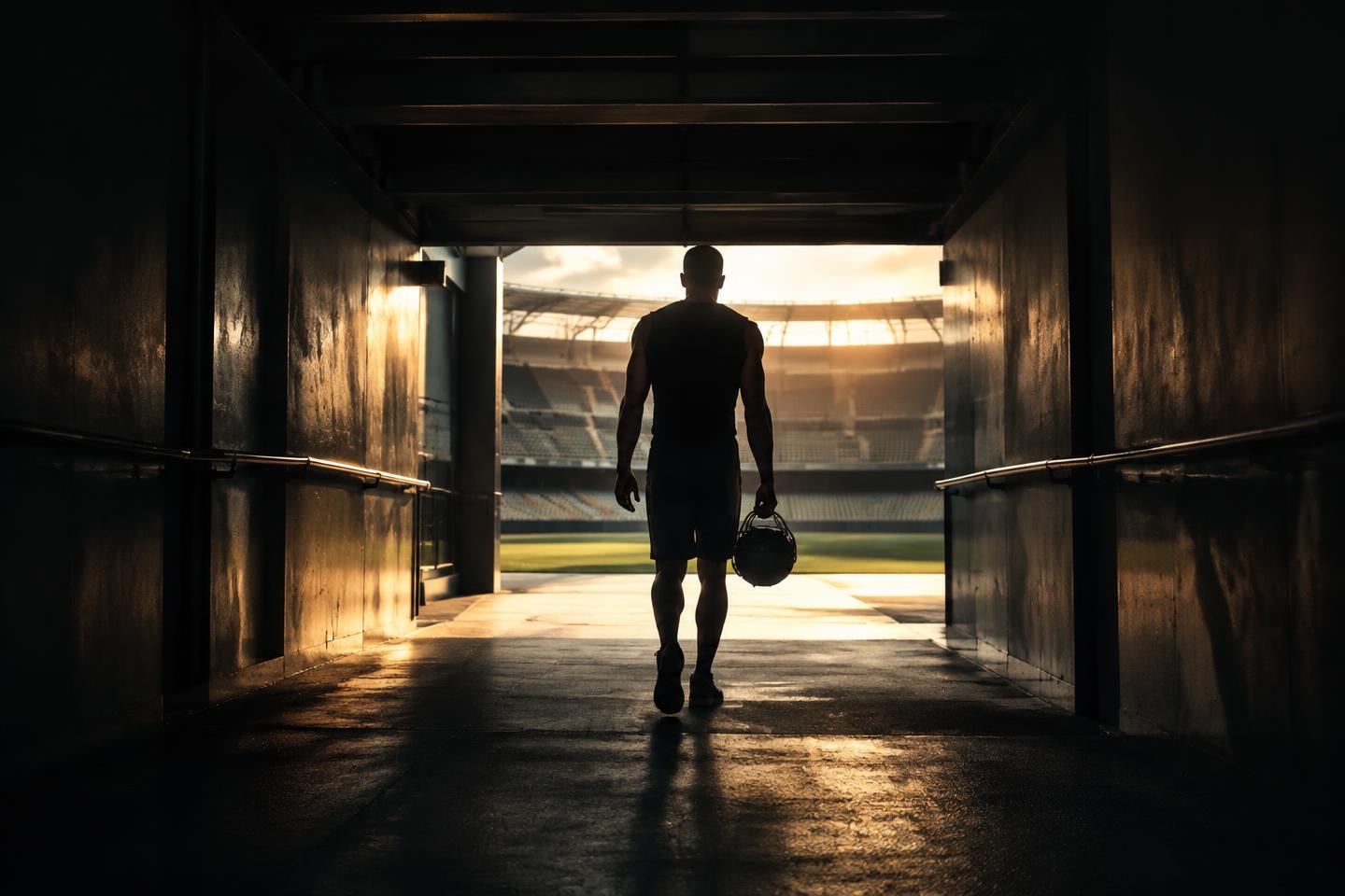 Athlete silhouette walking through a stadium tunnel toward golden light in dark cinematic tones