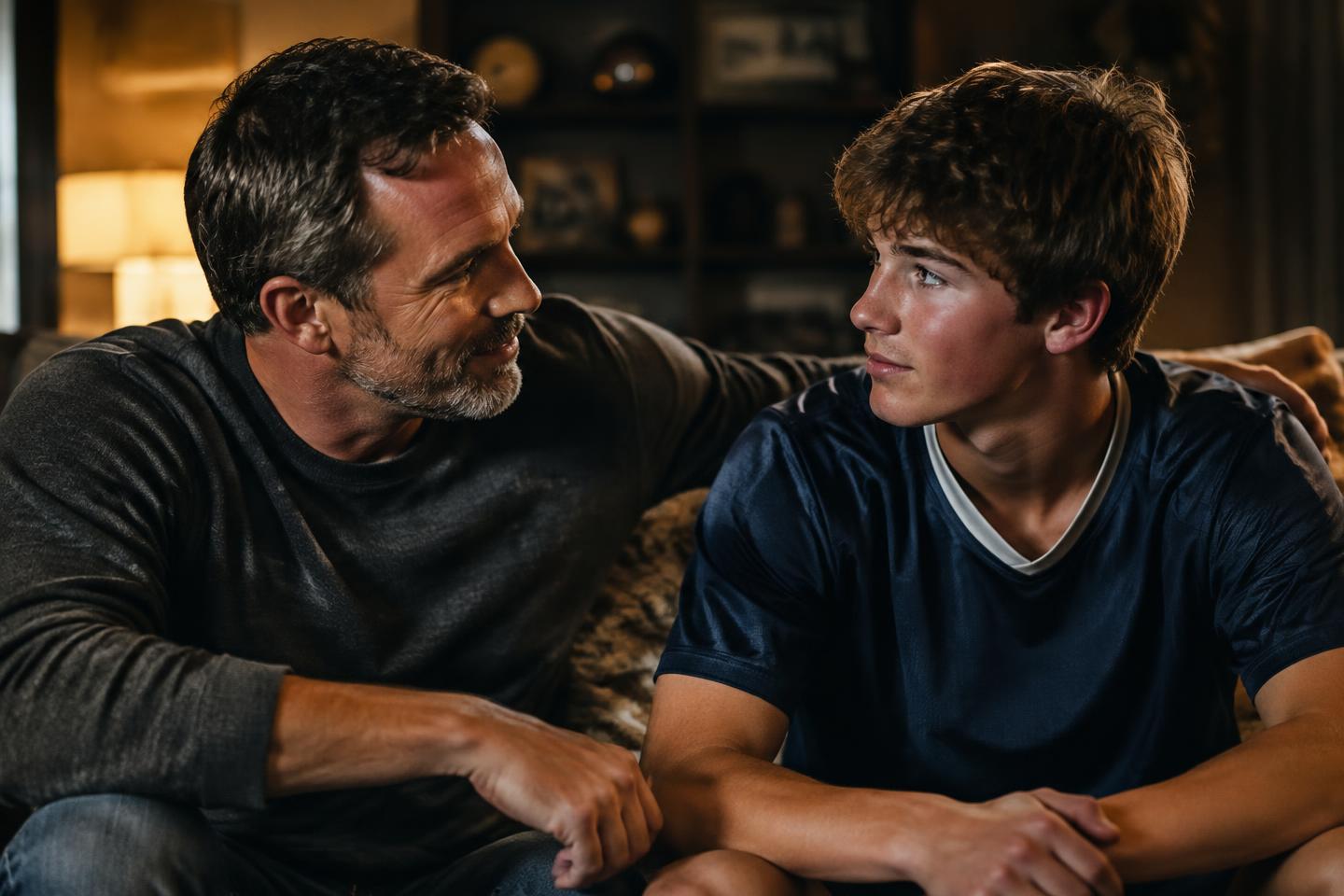 Parent and teenage athlete talking together at home in warm dark tones with gold highlights