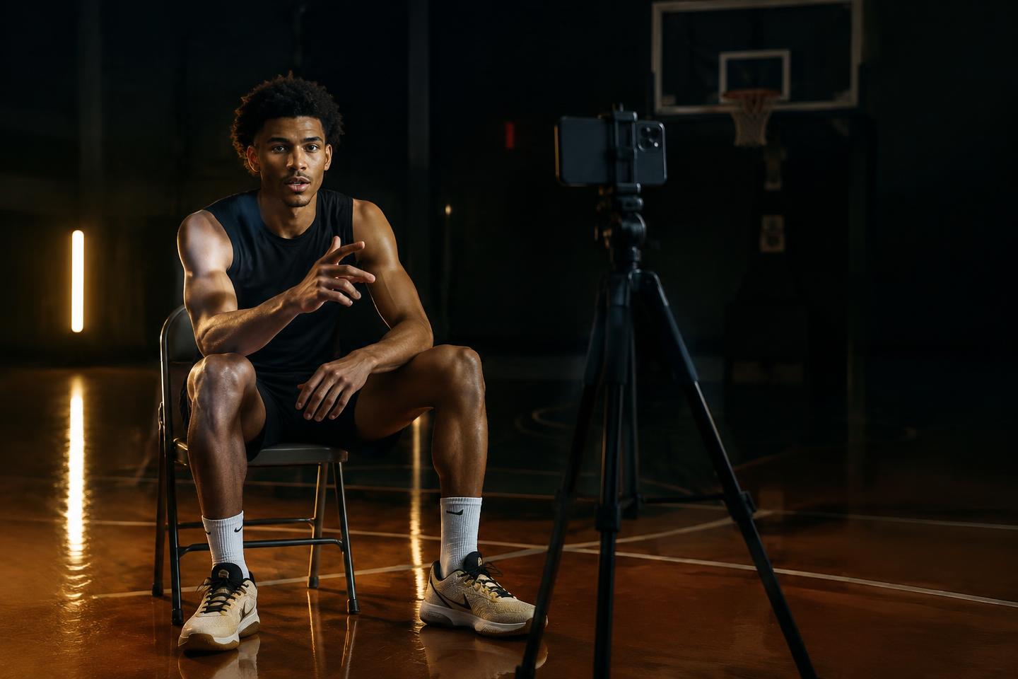 Young basketball athlete recording video content with a smartphone on a tripod in a dark gym with gold accent lighting